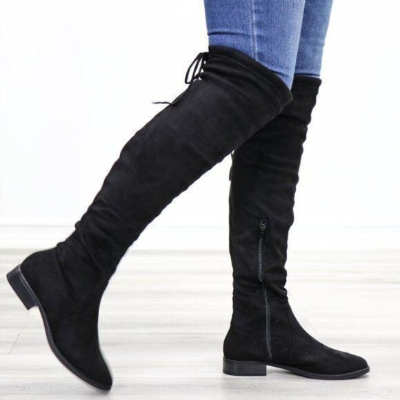 Black Suede Over the Knee Boots Low Heel Tie Back Detail - Picture 13 of 13